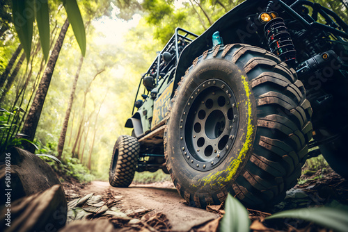 A big wheel of the 4x4 off-road car driving on terrain route in the jungle, illustration ai generative
