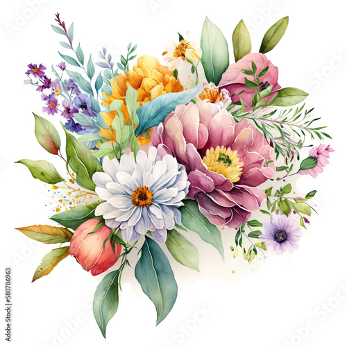 Watercolor floral bouquet spring flowers. Botanical illustration. Generative AI photo