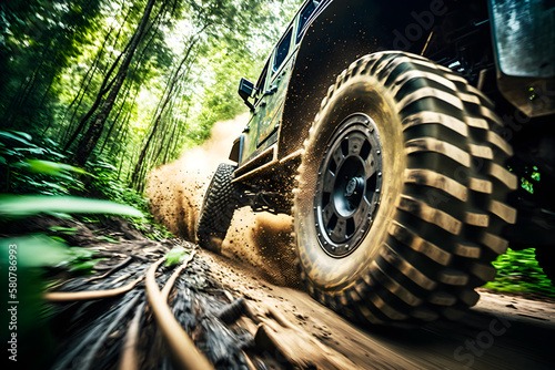 A big wheel of the 4x4 off-road car running on terrain route in the jungle, illustration ai generative