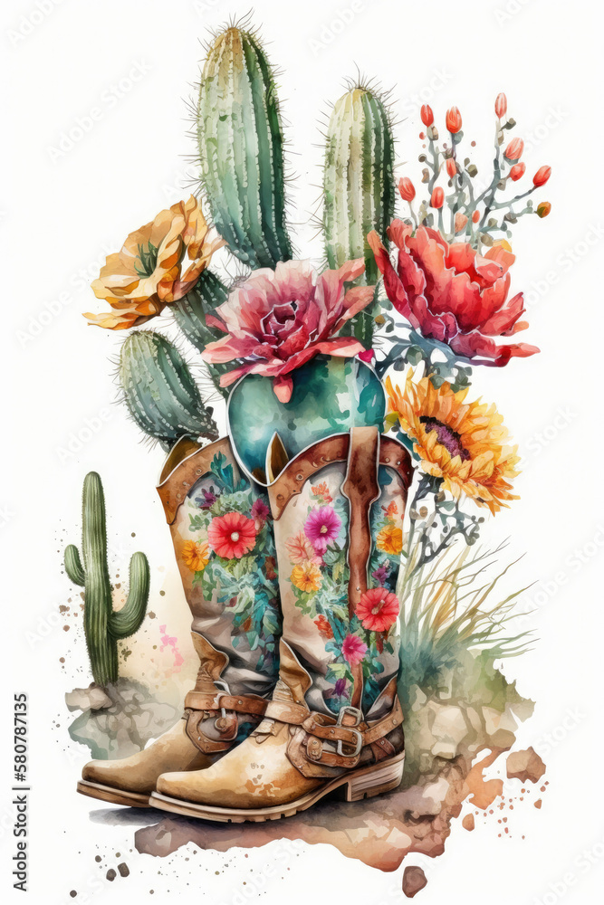 cowboy boots cacti and flowers, Watercolor, White background