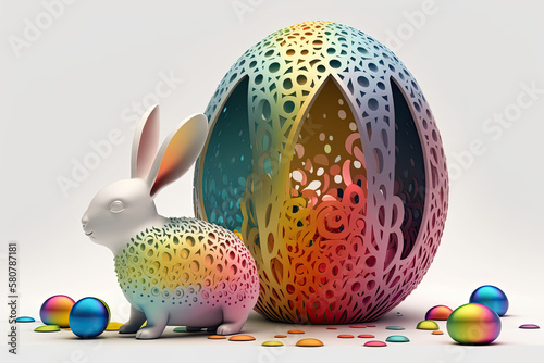 fantasy abstarct design amazing 3d Easter bunny and ornated painted rainbow colourd egg on white background. Happy Easter magical,generative ai. photo