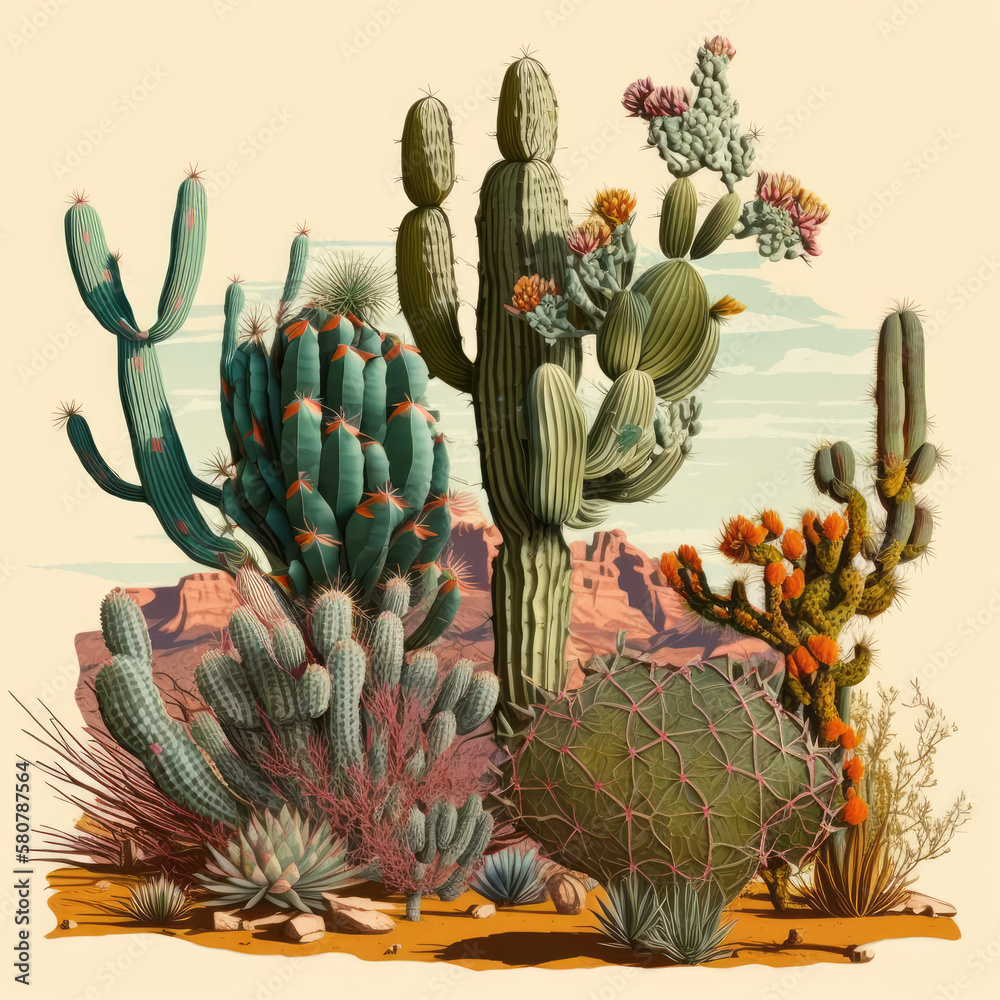 Obraz premium desert seen with cacti, southwest boho, generative AI finalized in Photoshop by me