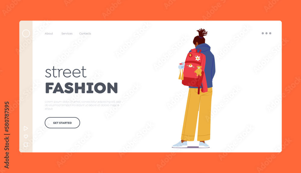 Street Fashion Landing Page Template. Rear View Of Teenage Girl Student Character With Backpack. School Education