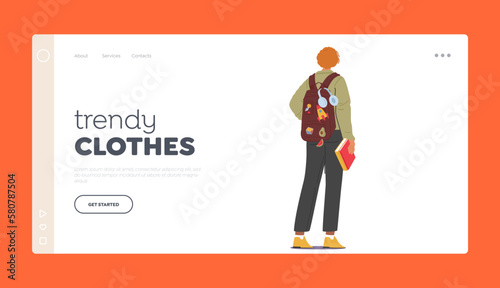 Trendy Clothes Landing Page Template. Rear View Of Teenage Boy Carrying Backpack And Book. Studious Fashioned Student