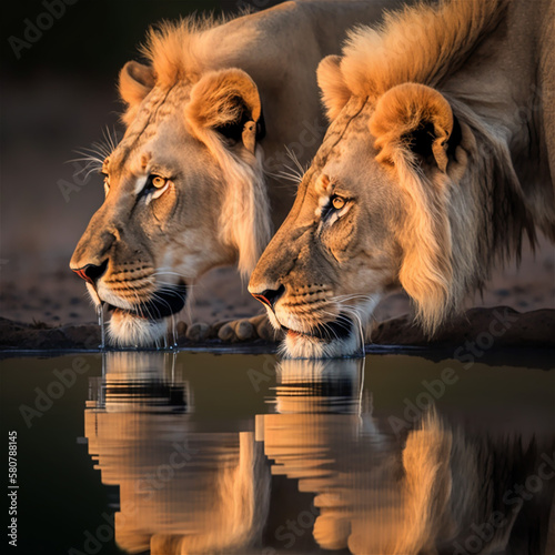 close up of a lion drinking ini savane photo