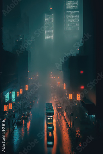 Illustration of a hazy Dystopian futuristic megacity, a dark cityscape, a place characterized by rampant fear or distress, Generative AI