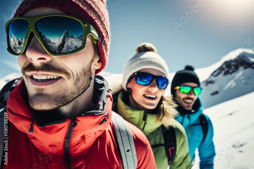 happy friends in winter skiing