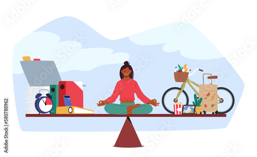 Conceptual Image Of Woman Sitting On Scales In Meditation Pose, Weighing Her Options Between Career And Family
