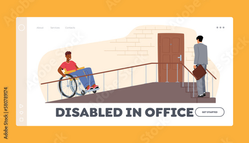 Disabled in Office Landing Page Template. Male Character on Wheelchair Using A Ramp To Access Building Porch