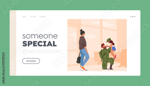 Happy Family Meeting Someone Special Landing Page Template. Mother And Daughter Reunite With Their Soldier Dad