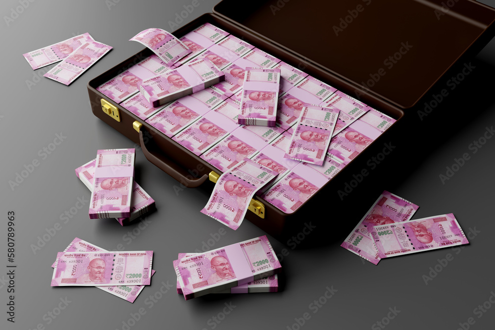Indian Money Rupee 2000 Currency Notes in a Briefcase 3D Illustration