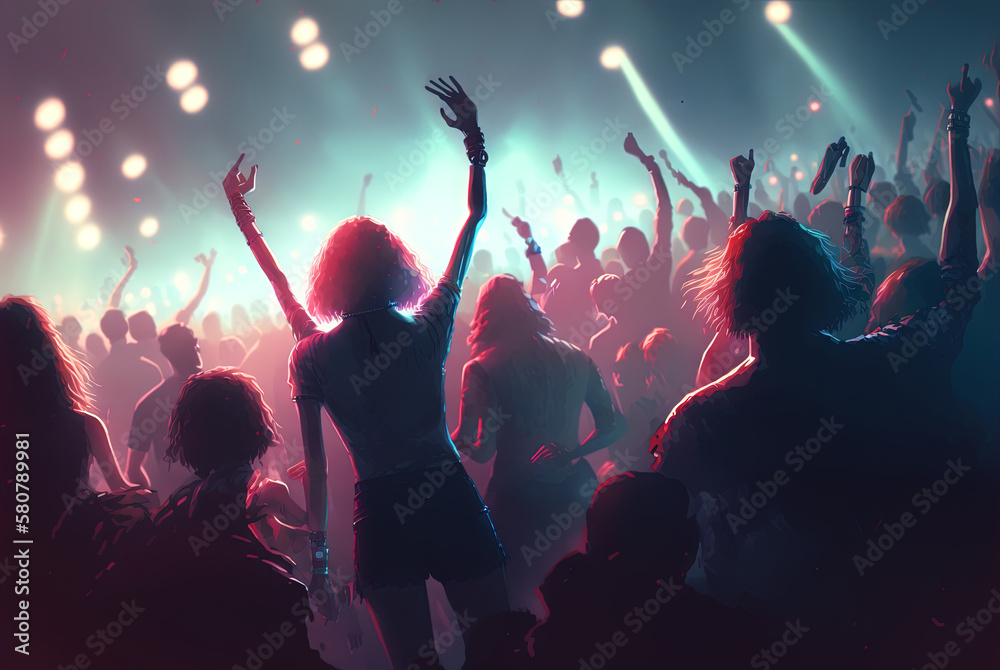 Party people on the show. Night club with lights and dancing people. Party crowd. Generated AI.