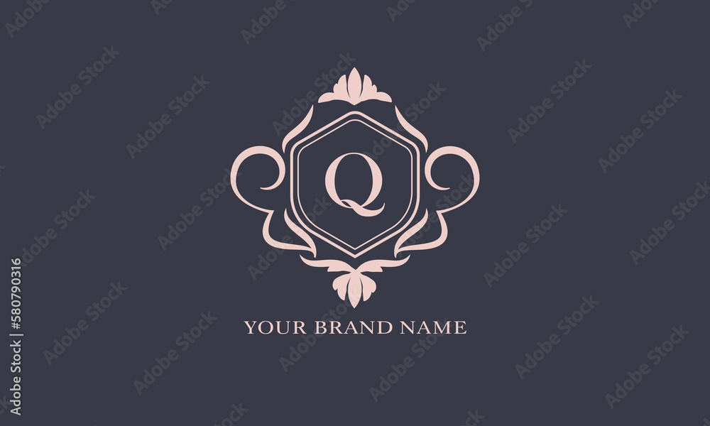Exquisite baroque pattern. Floral ornament with initial letter Q. Vintage frame, greeting card, wedding invitation. Vector logo template, label, business sign.