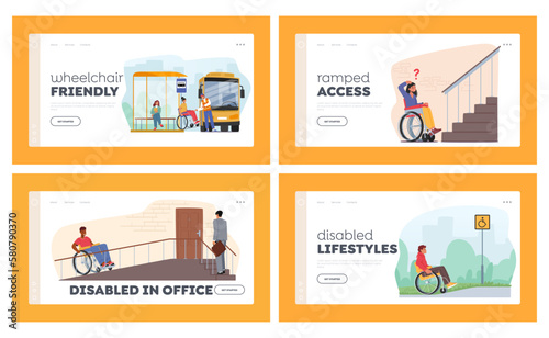 Inclusion, Disability Rights Landing Page Template Set. Disabled People On Wheelchairs Using Ramps To Access Buildings