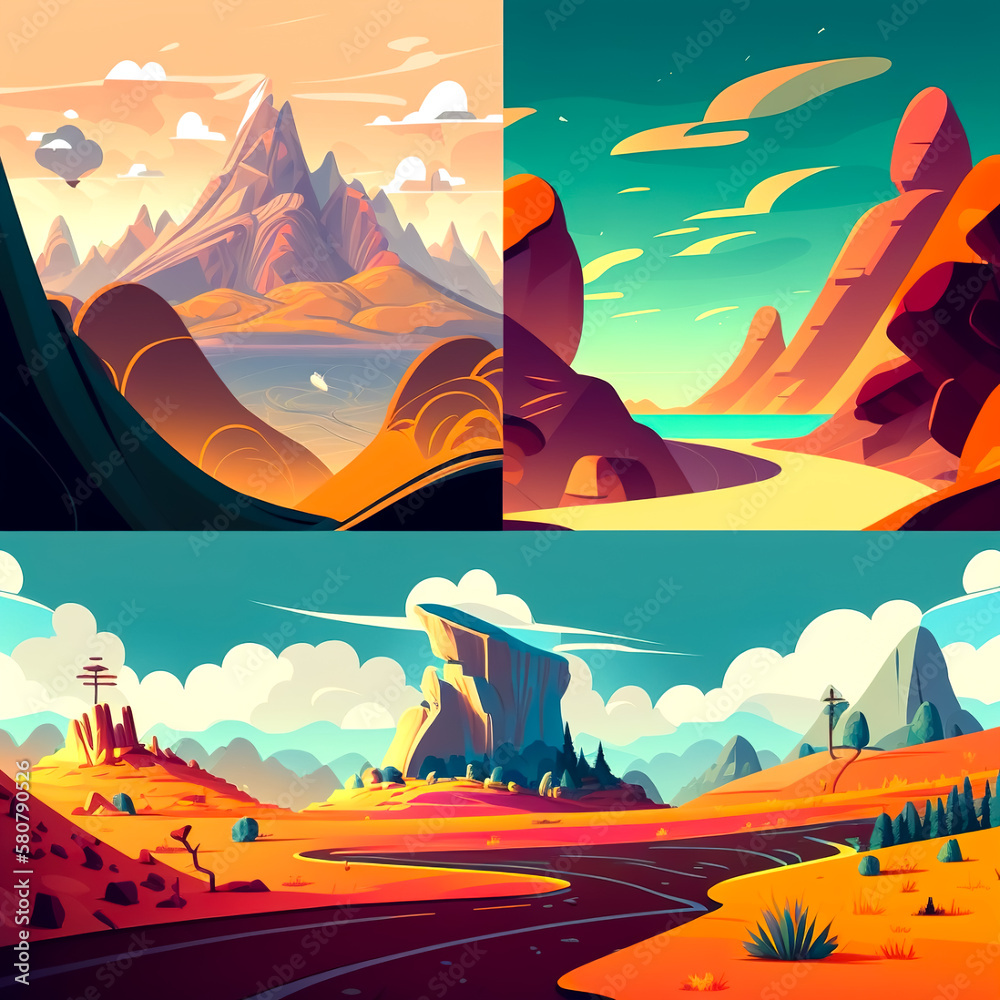 Landscape of mountains, cartoon collage, generative AI.