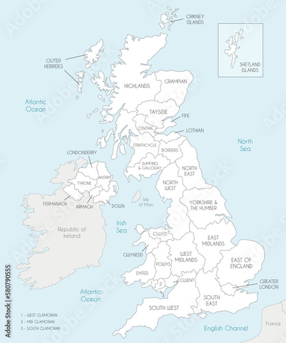 Vector map of UK with administrative divisions  and neighbouring countries. Editable and clearly labeled layers.