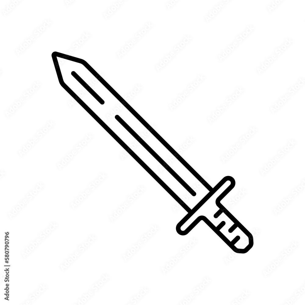 Sword icon. Black contour linear silhouette. Front side view. Editable strokes. Vector simple flat graphic illustration. Isolated object on a white background. Isolate. Sword icon. Black contour linear silhouette. Front side view. Editable strokes. Vector simple flat graphic illustration. Isolated object on a white background. Isolate.