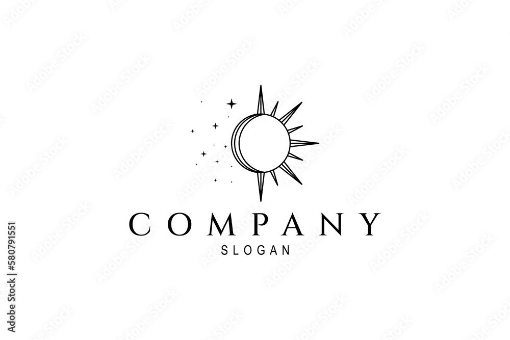 Fototapeta premium Vector logo on which an simple image of the sun with rays in the right side and the moon stars in the left side.