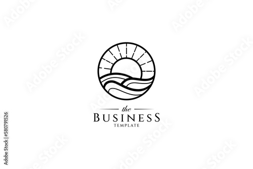 Ocean logo with minimalist line art concept in circle emblem shape.