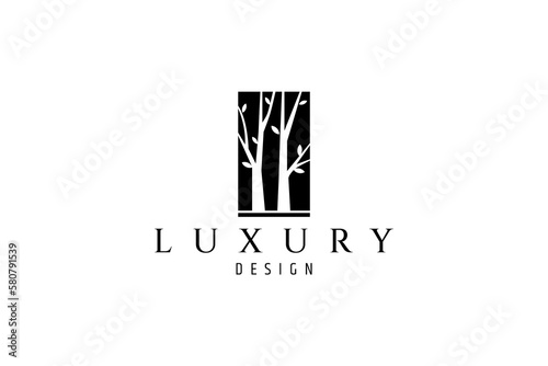 Silhouette logo of two trees inside an upright rectangle shape.