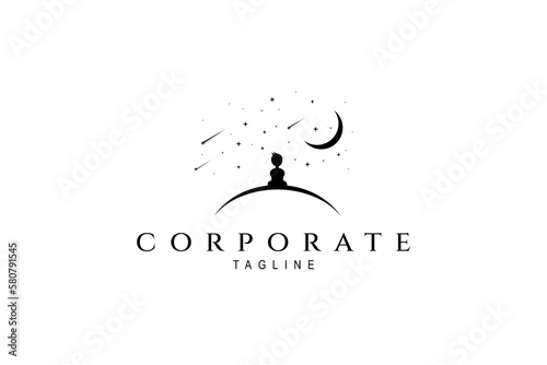 Design logo on which a boy sitting on the top of hills under crescent and shooting stars.