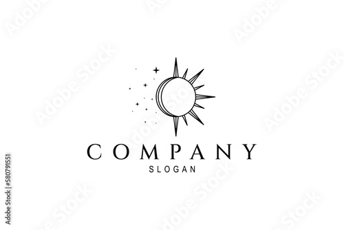 Vector logo on which an simple image of the sun with rays in the right side and the moon stars in the left side.