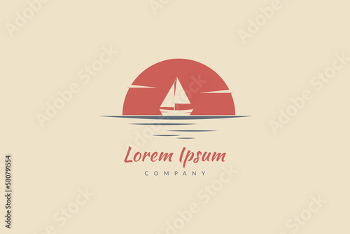 Vector logo on which a silhouette sailboat sailing on the sea with sunset background.