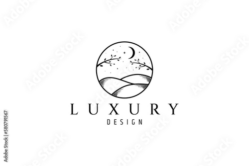 Artistic line art logo of hills with tree branches on starry night and crescent moon background.