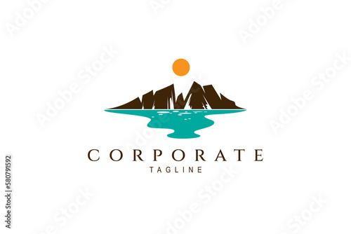 Vector logo of hill view in sunshine with beautiful lake.