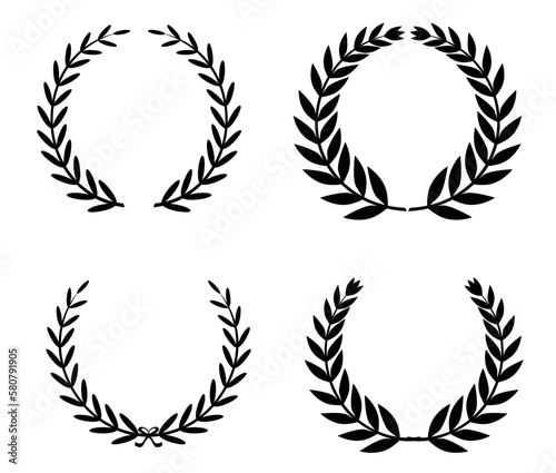 Set of black circular laurel wreaths. Round borders from branches. Decorative floral frames. Design elements for invitations and holiday cards. Vector illustration.