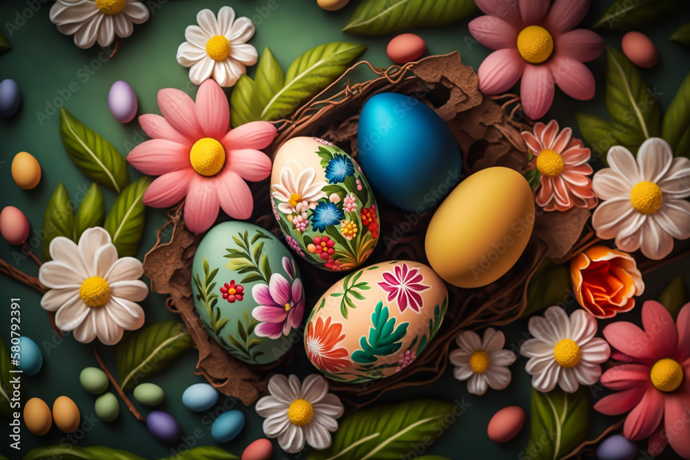 colorful Easter eggs with flowers, generative ai