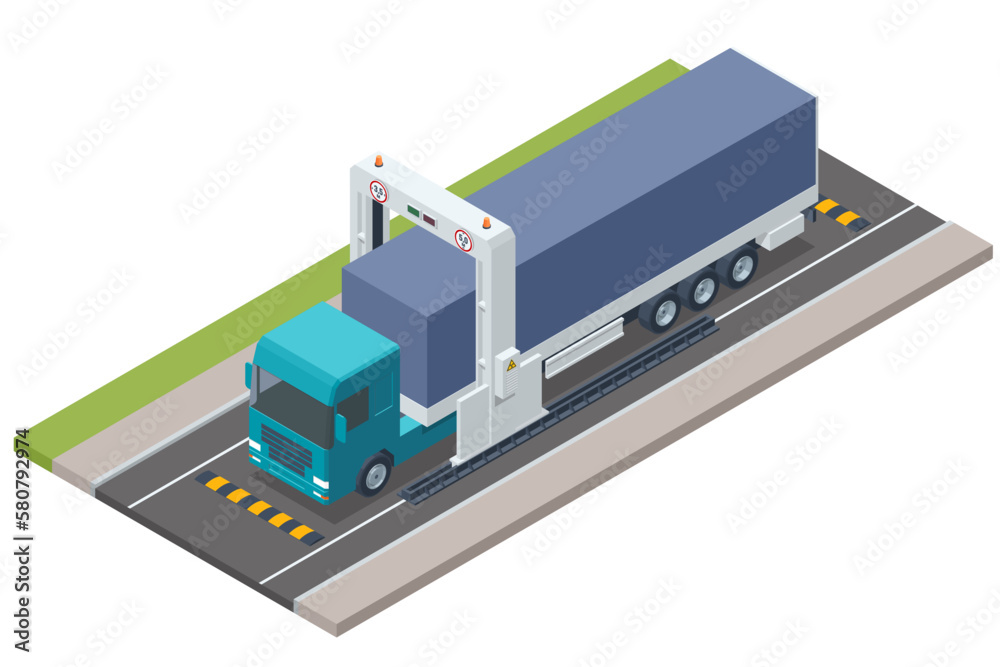 Isometric cargo vehicle is going through a mobile x-ray control. Mobile x-ray scanning system is used against smuggling. Delivery Vehicles isolated. Isometric cargo vehicle is going through a mobile x-ray control. Mobile x-ray scanning system is used against smuggling. Delivery Vehicles isolated.