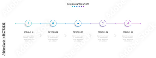 Timeline infographic with infochart. Modern presentation template with 5 spets for business process. Website template on white background for concept modern design. Horizontal layout.