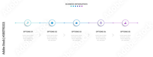 Timeline infographic with infochart. Modern presentation template with 5 spets for business process. Website template on white background for concept modern design. Horizontal layout. photo