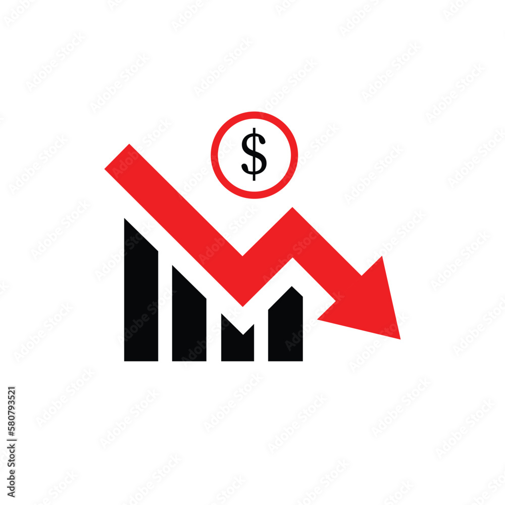 red arrow pointing down on economic chart graph bars icon downtrend financial board bearish coin dollar red arrow pointing down on economic chart graph bars icon downtrend financial board bearish coin dollar