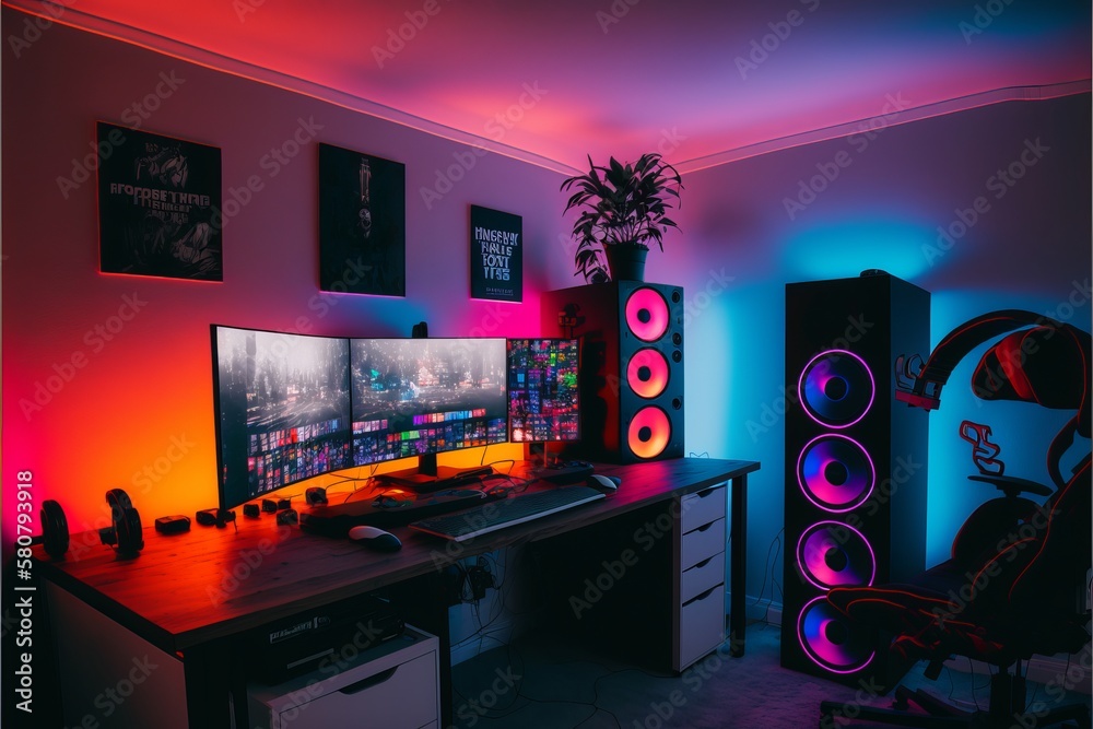 Immersive Gaming Space: Modern and Minimalist Room with Wide Angle Display and High-Tech Setup