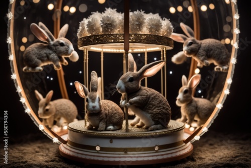 fantasy magical bunny carousel most amazing intricate bunny carousel in the world easter fairy lights tiny pixies flying in the air,generative ai. photo