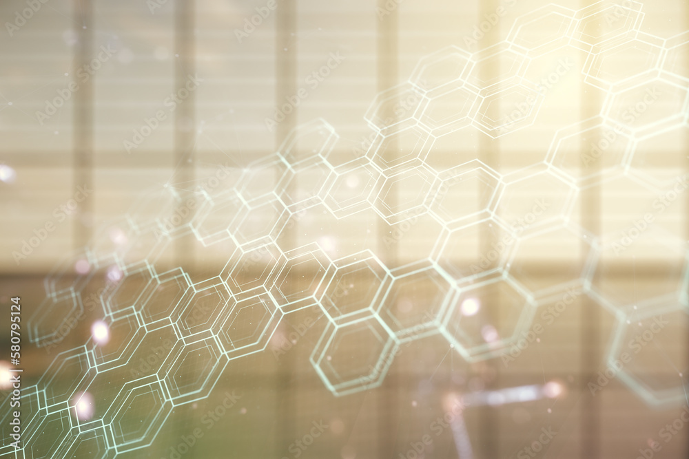 Obraz premium Abstract virtual wireless technology hologram with hexagon on modern interior background, artificial intelligence and machine learning concept. Multi exposure