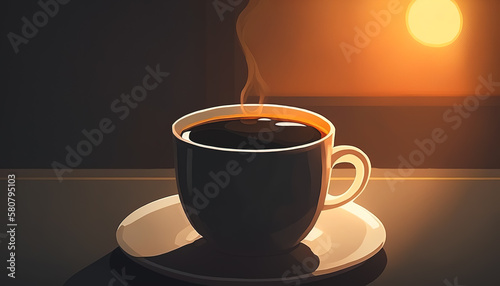 Cup of coffee in the morning with moody lighting. Generative AI.