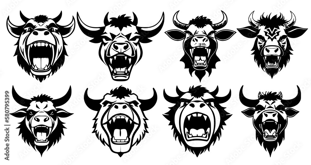Set of horned cow heads with open mouth and bared fangs, with different angry expressions of the muzzle. Symbols for tattoo, emblem or logo, isolated on a white background.