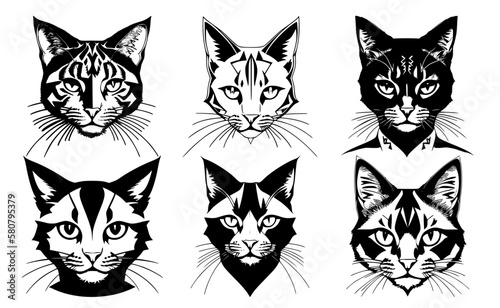 Set of cat heads with different calm expressions of the muzzle. Symbols for tattoo, emblem or logo, isolated on a white background.