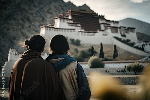 Foto Generative AI Illustration of a couple of travelers looking at the potala palace