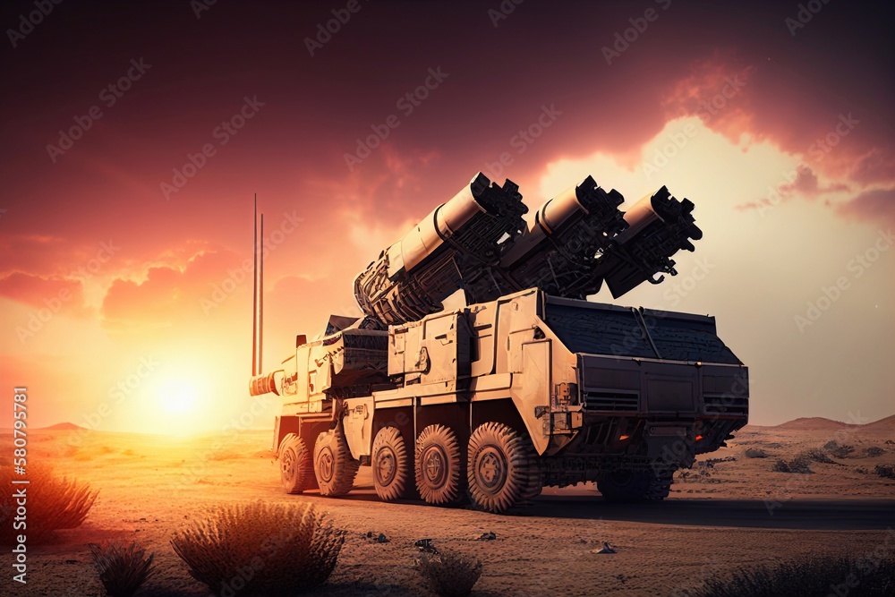 Fototapeta premium Anti-aircraft missile system. Rockets and shells. Special military equipment. Air Attack. All Terrain Vehicle, heavy vehicles. illustration, Generative AI