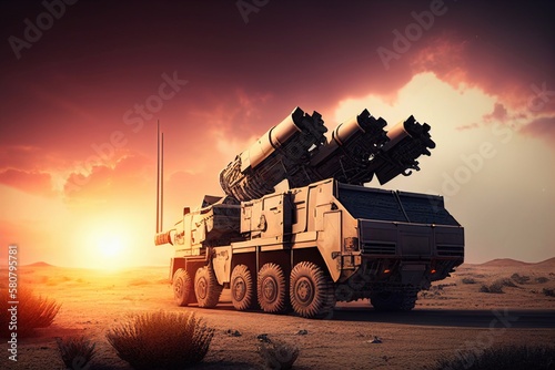 Anti-aircraft missile system. Rockets and shells. Special military equipment. Air Attack. All Terrain Vehicle, heavy vehicles. illustration, Generative AI
