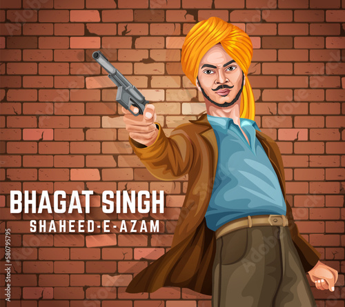 Vector illustration of Nation Hero and Freedom Fighter Bhagat Singh portrait with the background. Vector for patriotic character concept for 23 march Shaheed Diwas. Martyrs' Day concept. photo