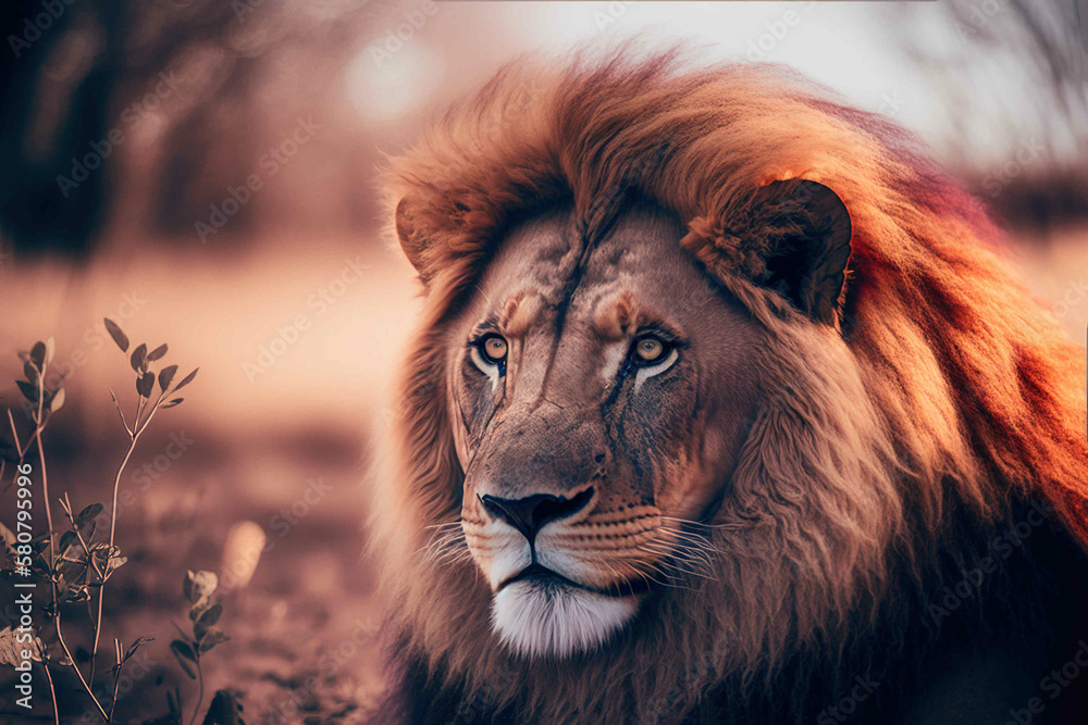 Naklejka premium Close-up of a lion with a serious expression on his face