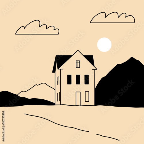 Landscape. Ranch, house in the mountain, farm, meadow, house, tree, road, mountain. Hand drawn vector illustration. Minimalistic panoramic study of the countryside. Icon, logo, print, poster templates