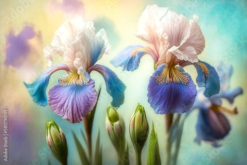 pastel coloured irises growing in a meadow on a light blurred background. AI generativ.