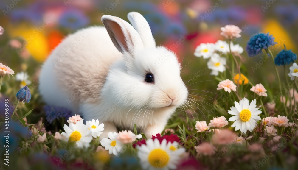 Fototapeta premium Cute bunny smelling the flowers. Generative ai.