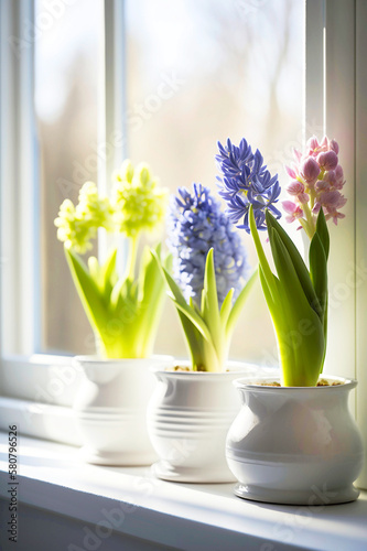 Spring hyacinths in a vase on a light background. AI generativ.